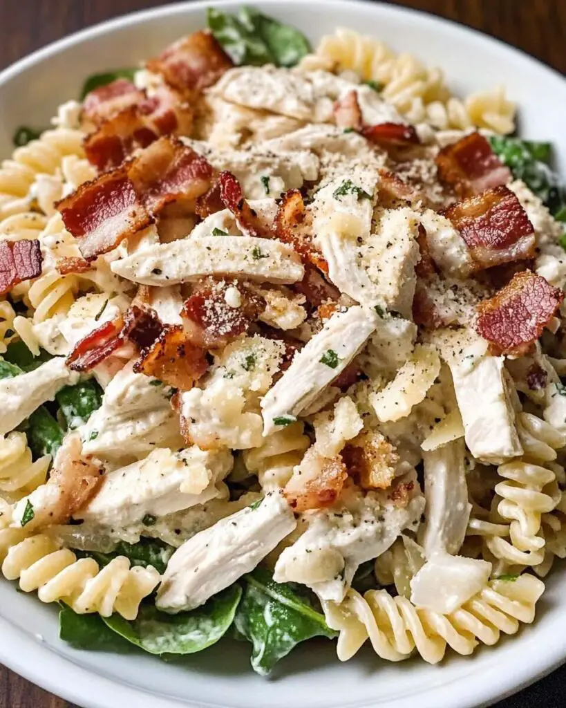 Creamy Chicken Caesar Pasta Salad with Crunchy Bacon and Parmesan