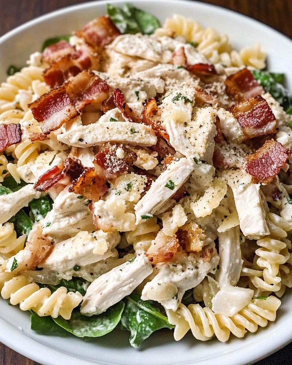 Creamy Chicken Caesar Pasta Salad with Crunchy Bacon and Parmesan