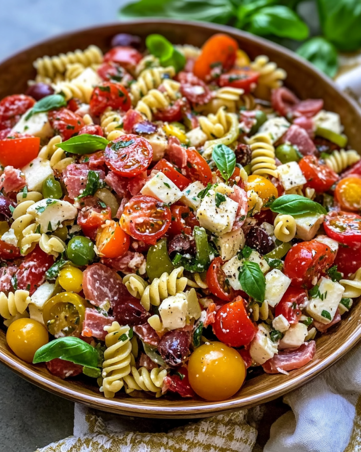 Zesty Antipasto Pasta Salad with Meats, Mozzarella & Veggies