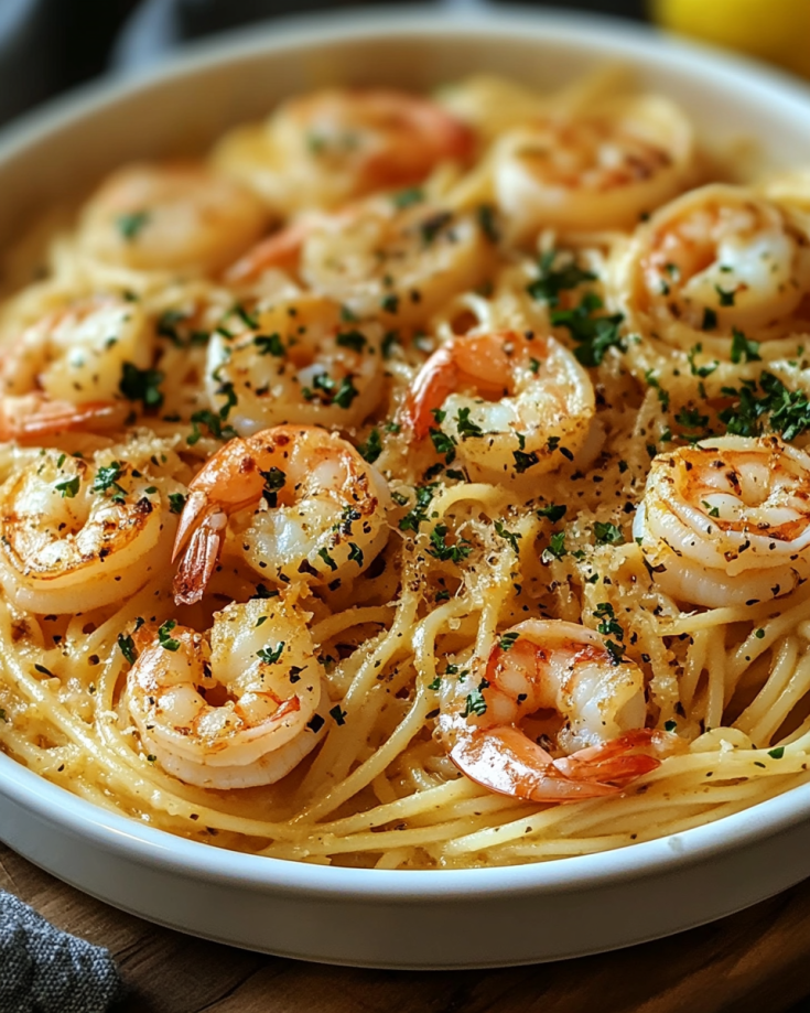 Baked Shrimp Scampi Linguine in a Creamy Lemon Garlic Sauce