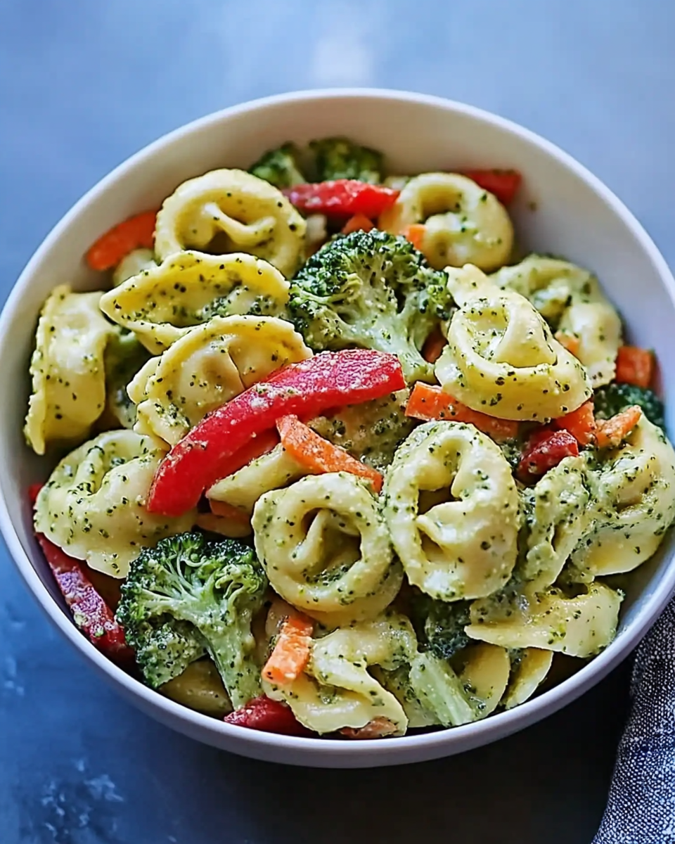 Chilled Cheese Tortellini Salad with Pesto and Veggies