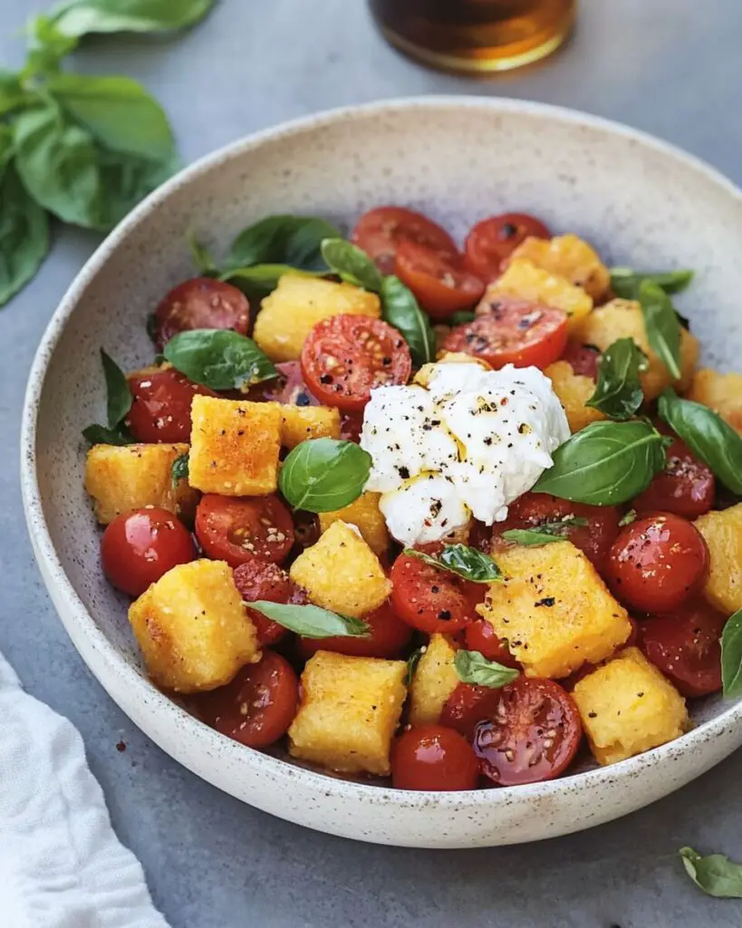Fried Polenta Panzanella with Tomato, Basil, and Burrata