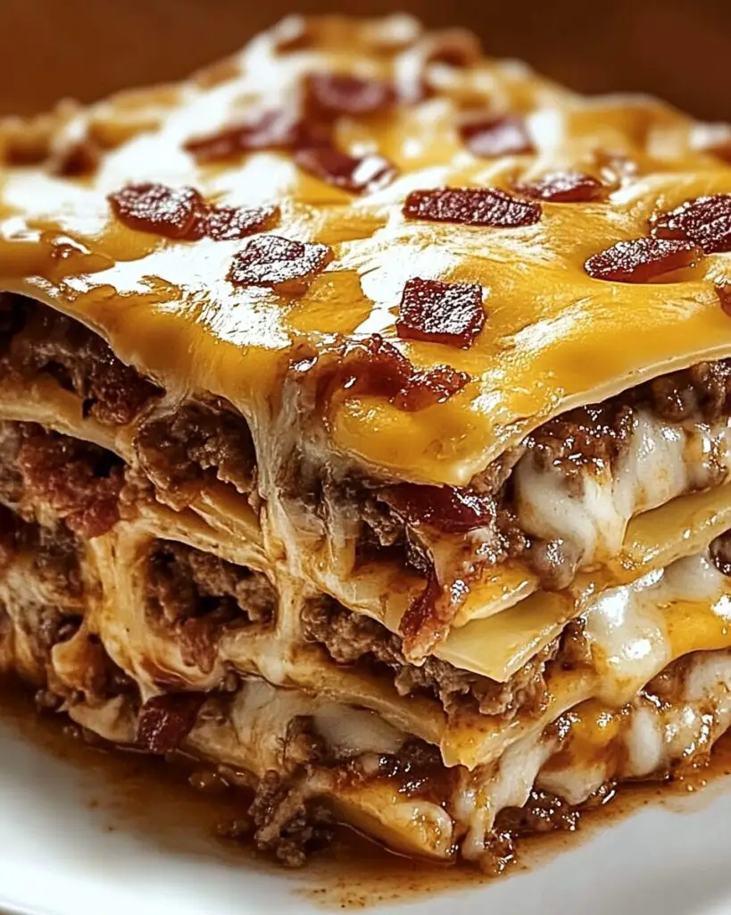 Hearty Cheeseburger-Style Lasagna with Bacon & Creamy Garlic Parmesan Sauce