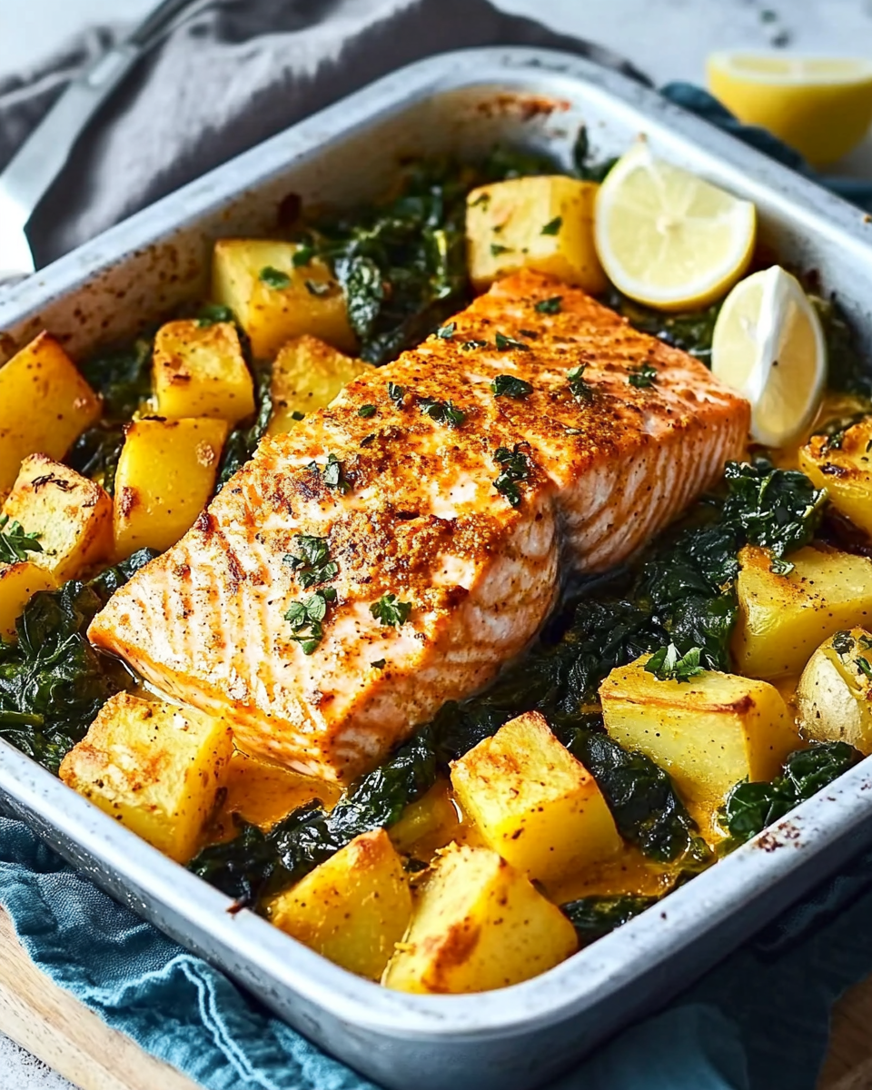 Aromatic Spiced Salmon with Spinach & Potato Traybake