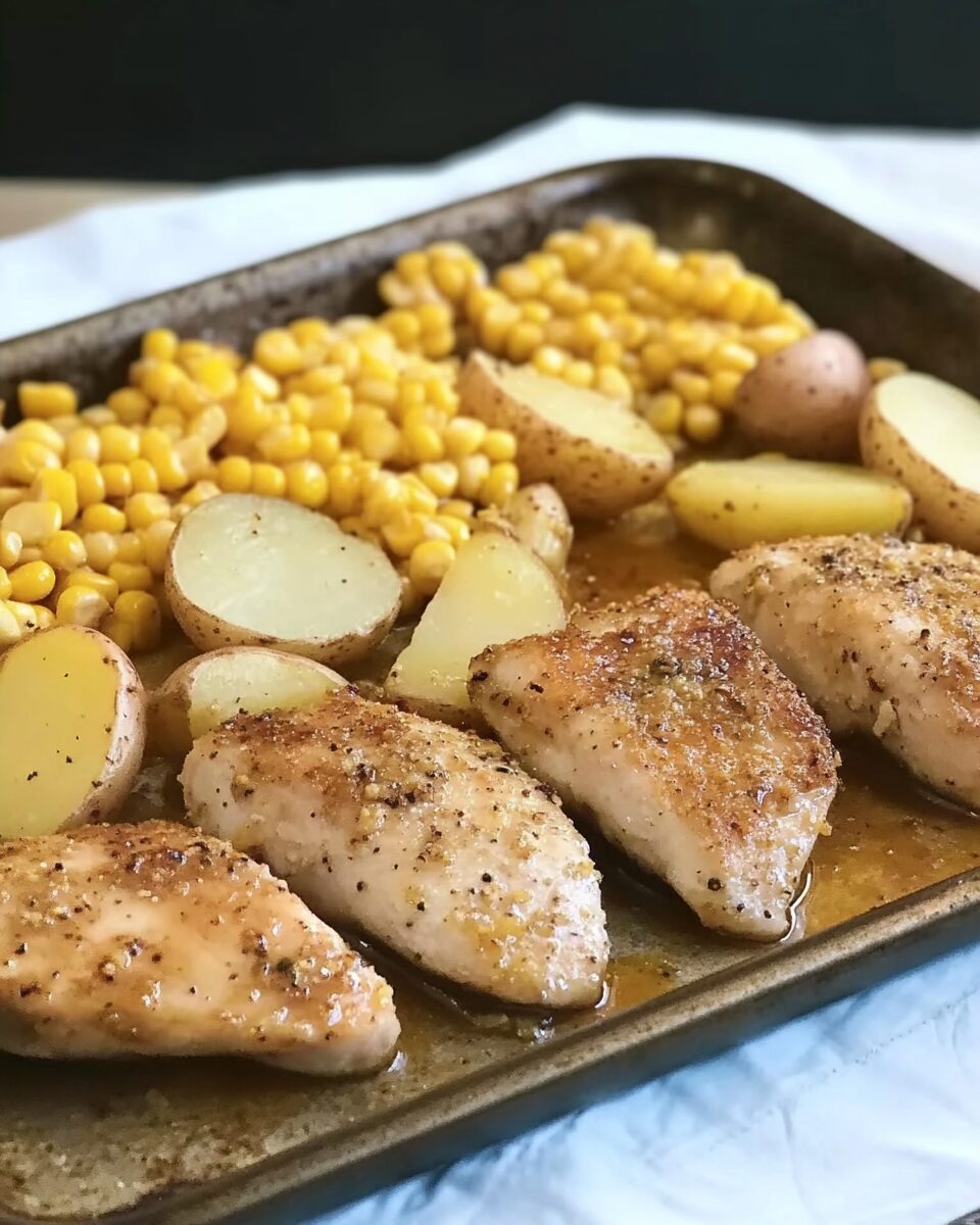 Honey Mustard Chicken Sheet Pan Dinner with Potatoes and Corn