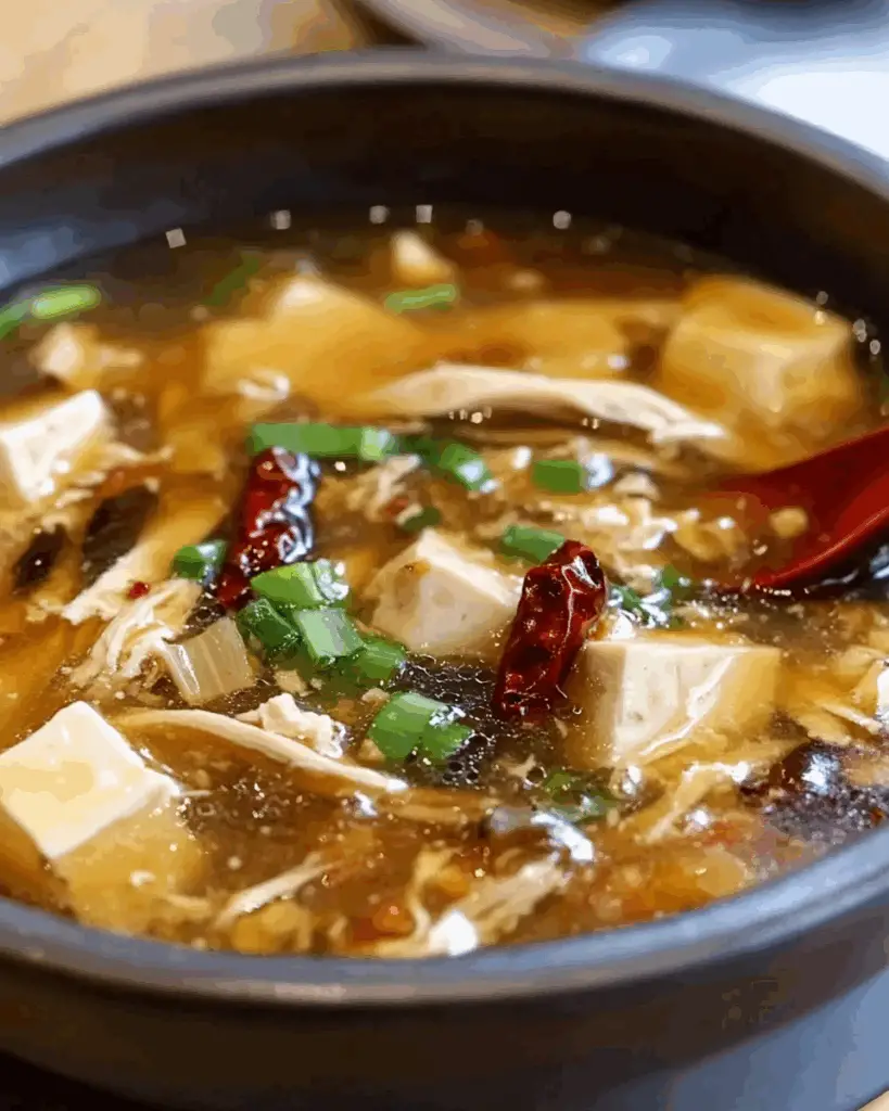 Classic Chinese Hot and Sour Soup with Silky Tofu and Mushrooms