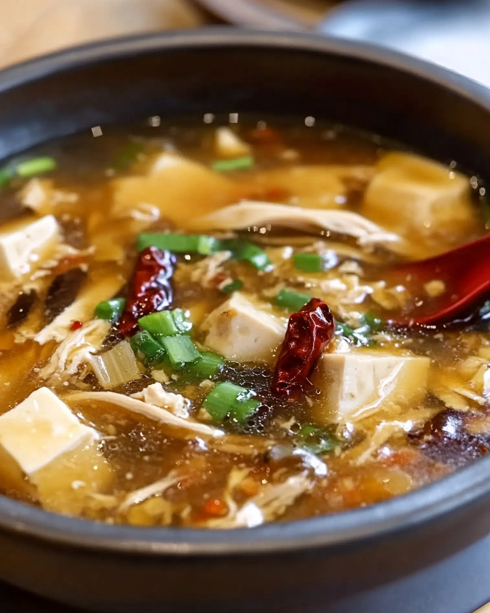 Classic Chinese Hot and Sour Soup with Silky Tofu and Mushrooms