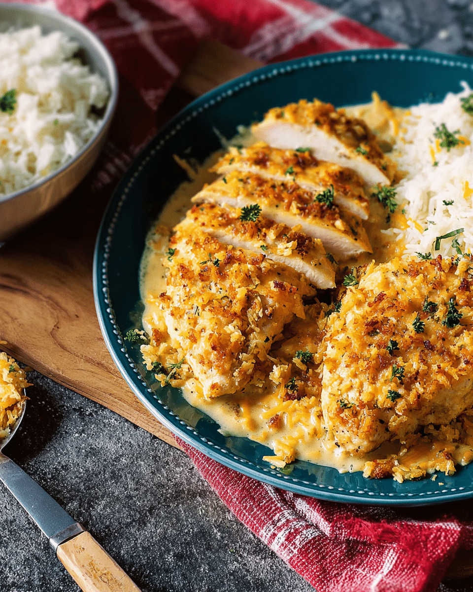 Golden Baked Chicken Breasts in Creamy Sauce with Crunchy Stuffing Crust