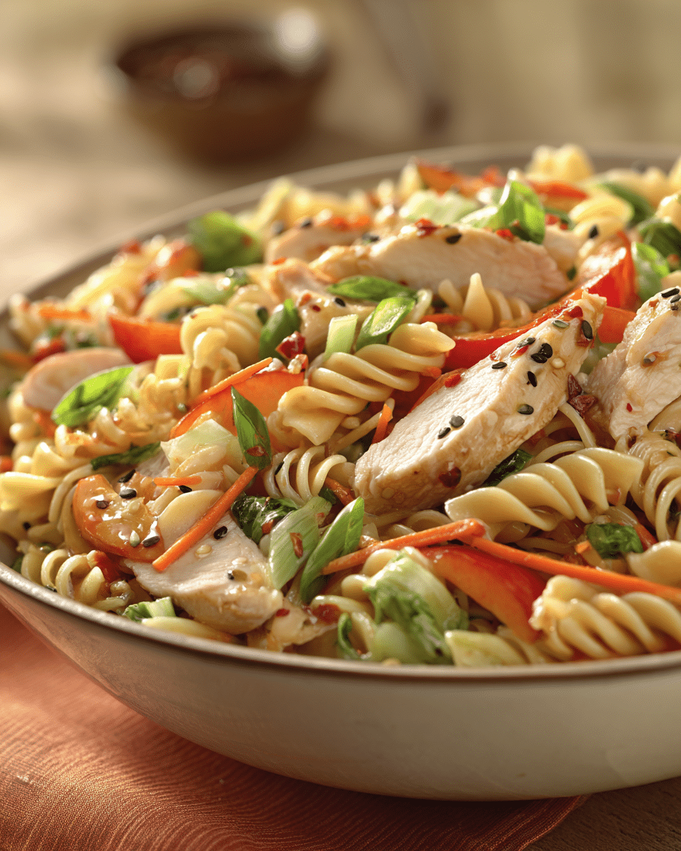Chilled Asian Chicken Pasta Salad with Ginger-Hoisin Dressing