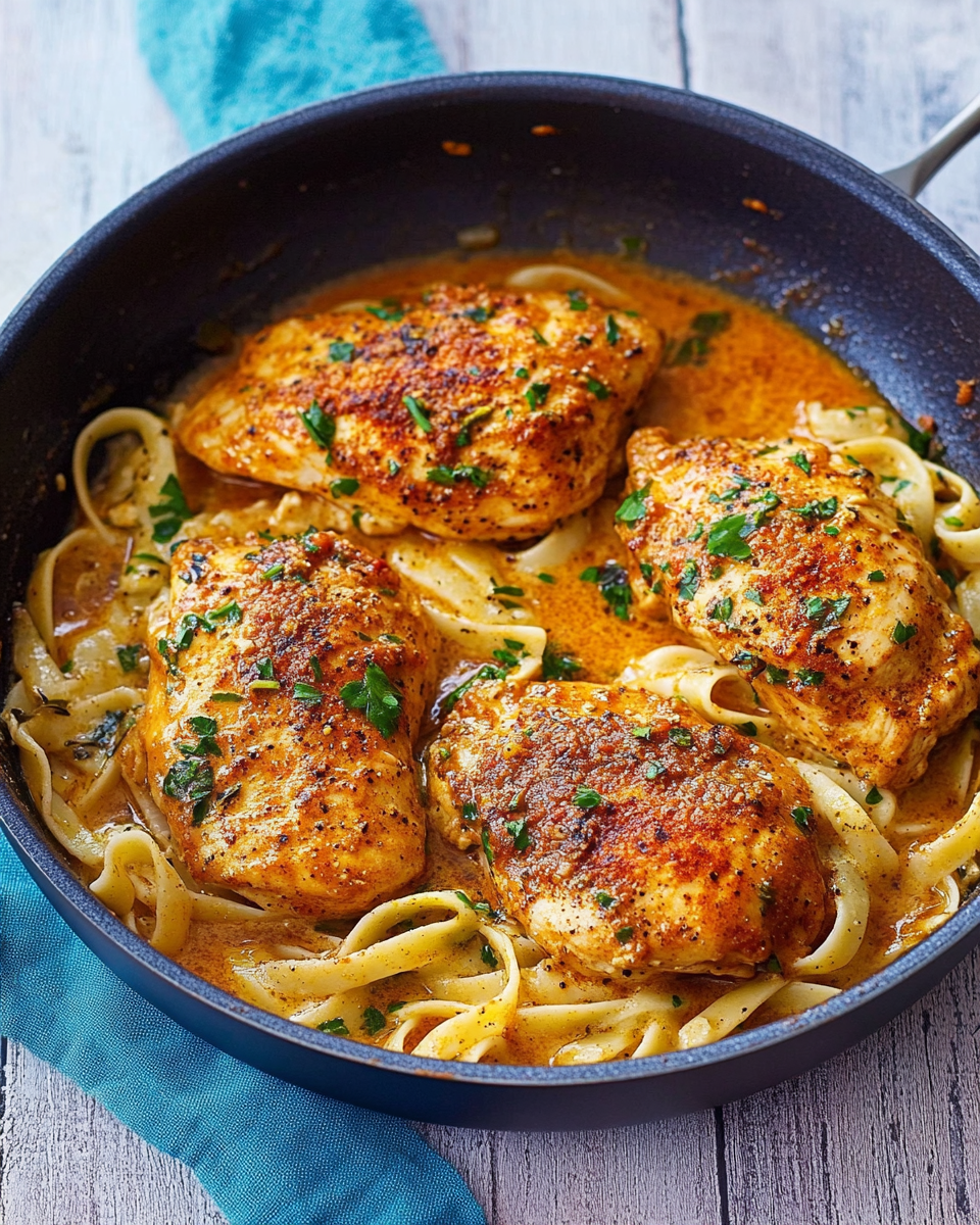 Creamy Cajun Chicken Lazone Over Buttered Pasta