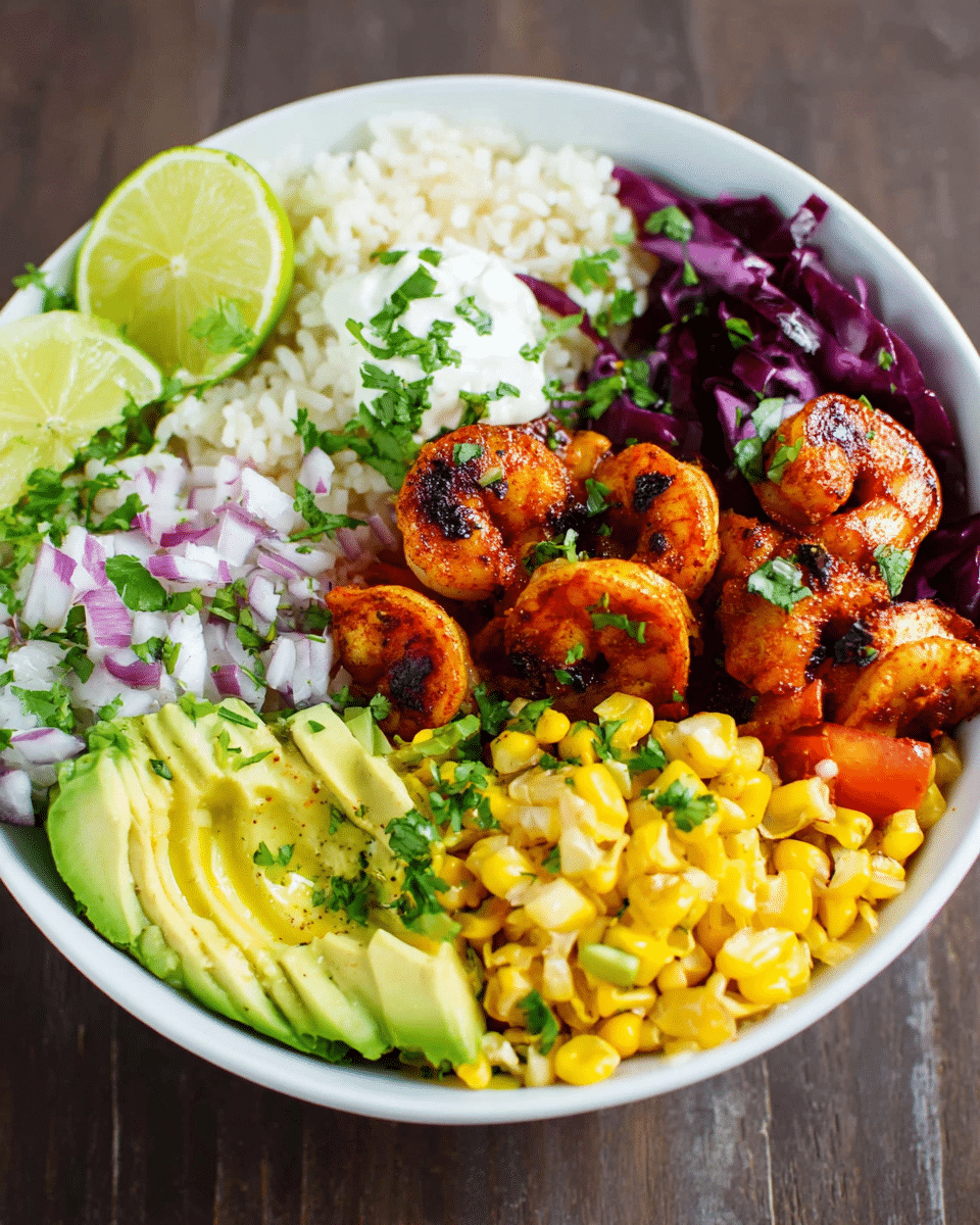 Spicy Grilled Shrimp with Avocado and Cilantro-Lime Rice Taco Bowl