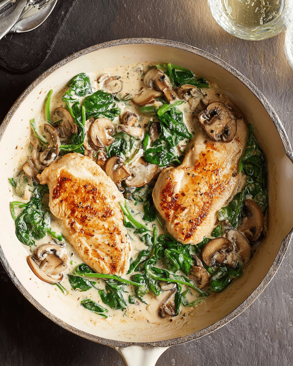 Skillet Chicken Cutlets in a Velvety Spinach-Mushroom Cream Sauce