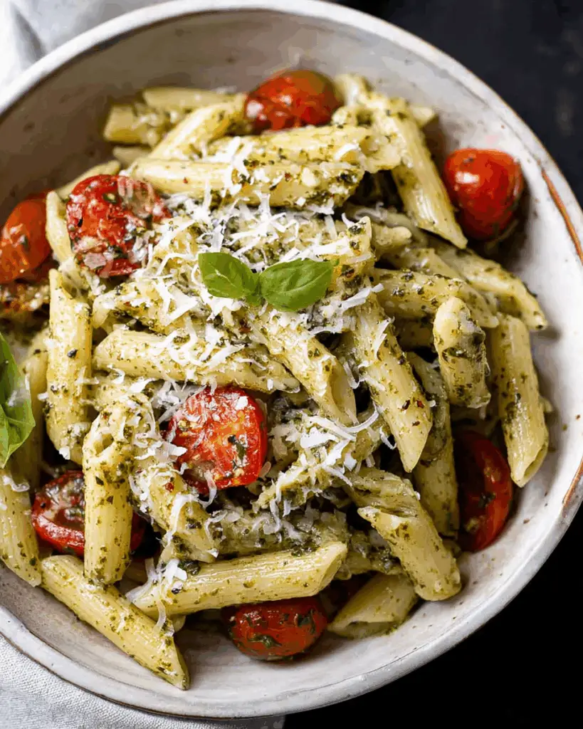 Vibrant Pesto Penne Pasta with Fresh Basil and Parmesan