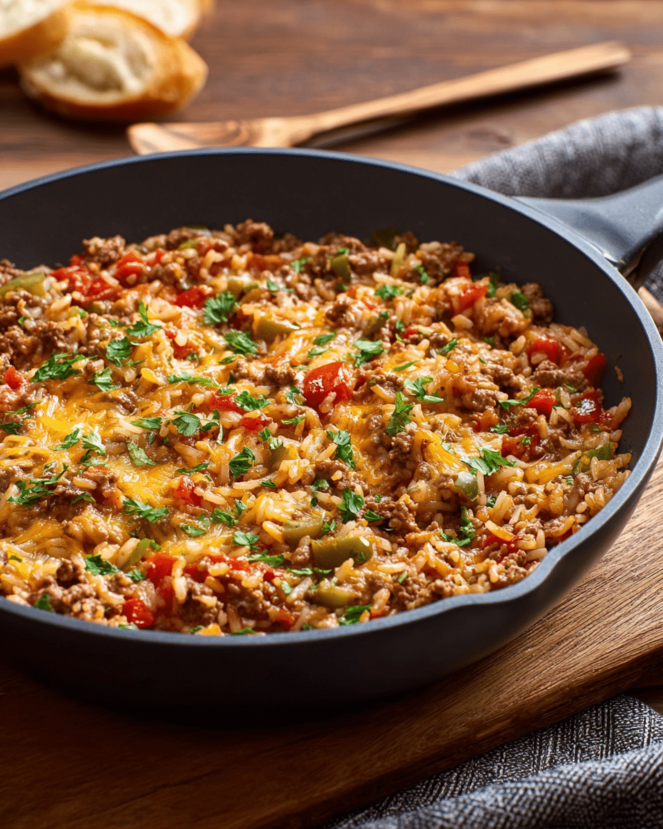 Cheesy One-Pan Ground Beef & Rice Comfort Bowl