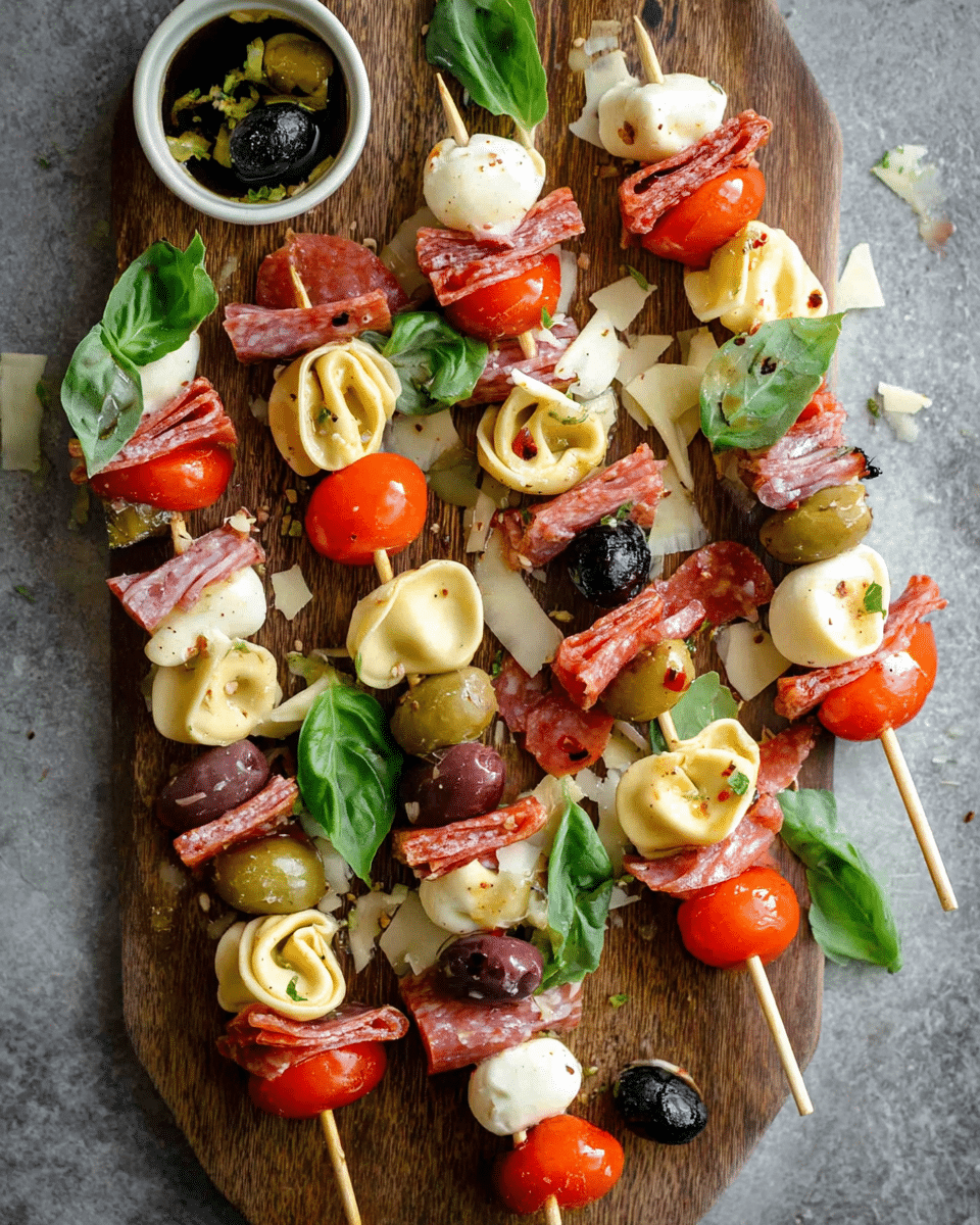 Italian Party Skewers with Marinated Tortellini and Cured Meats
