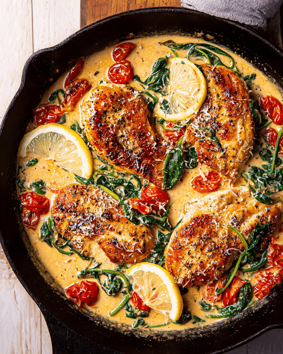 Skillet-Seared Chicken in Parmesan Garlic Cream Sauce with Spinach & Tomatoes