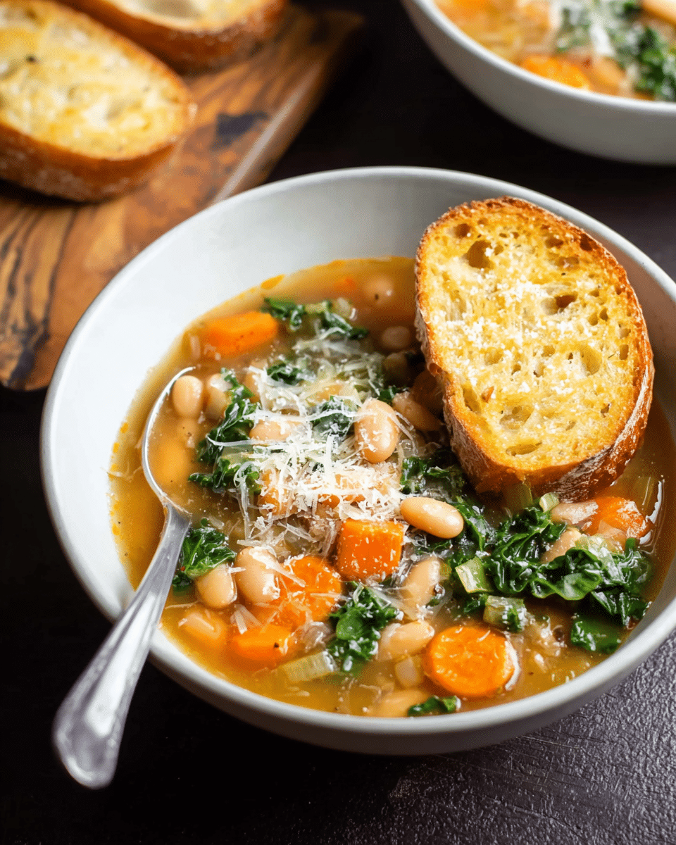 Hearty Tuscan White Bean Soup with Baby Kale and Parmesan Toasts