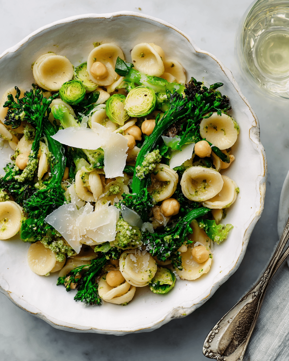 Orecchiette with Crispy Brussels Sprouts, Tender Broccolini, and Garlic Butter Sauce