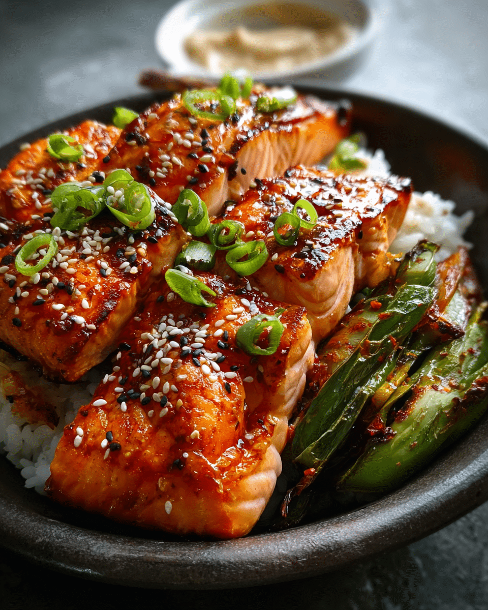 Sweet & Spicy Korean-Inspired Sticky Salmon Rice Bowls