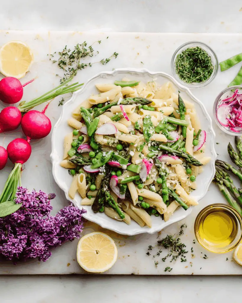 Vibrant Spring Vegetable Pasta with Chive Blossoms