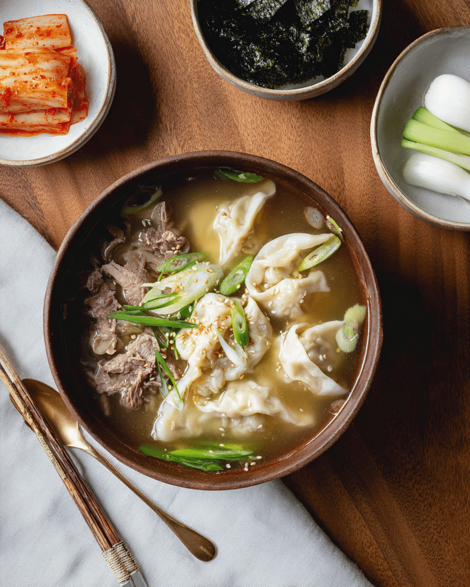 Savory Korean Dumpling Soup with Beef Broth and Egg Ribbons