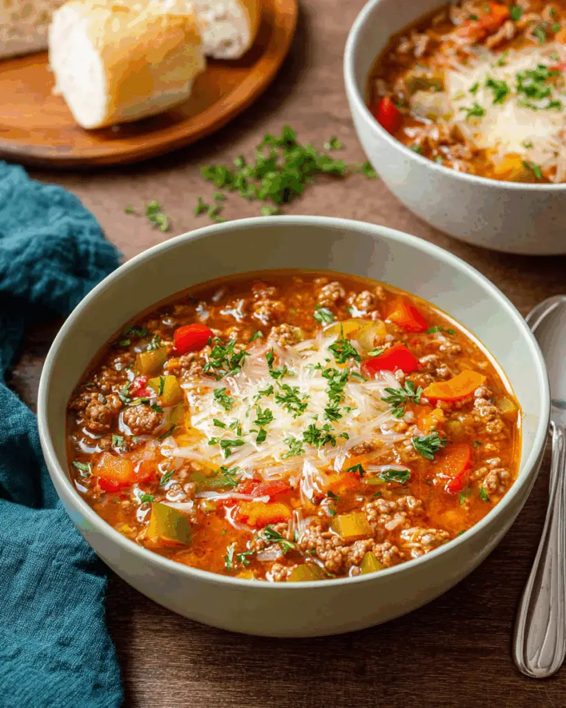 Hearty Bell Pepper Soup with Beef, Rice, and Cheddar