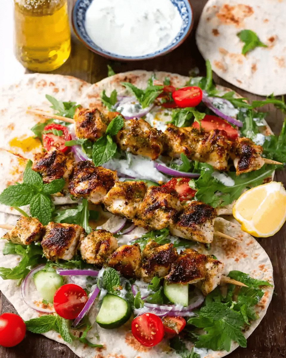 Grilled Mediterranean Chicken Skewers with Warm Pita and Yogurt Tahini Sauce