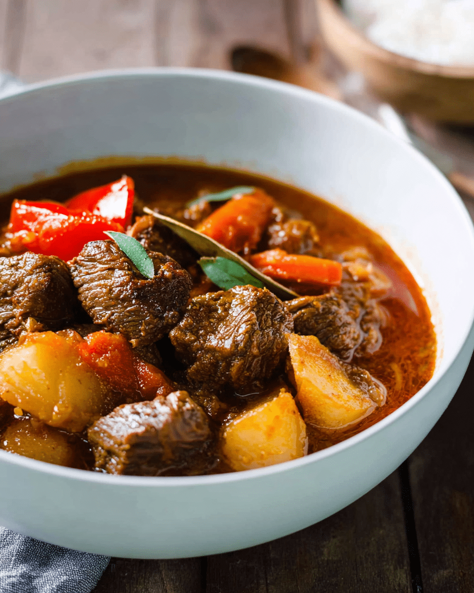 Tender Filipino Beef Stew Simmered in Tomato, Soy & Spices