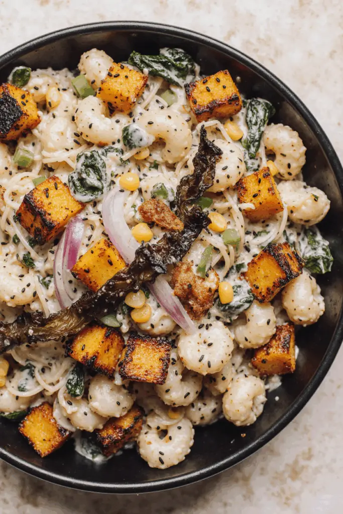 Creamy Miso Japanese Pasta Salad with Roasted Kabocha & Kale