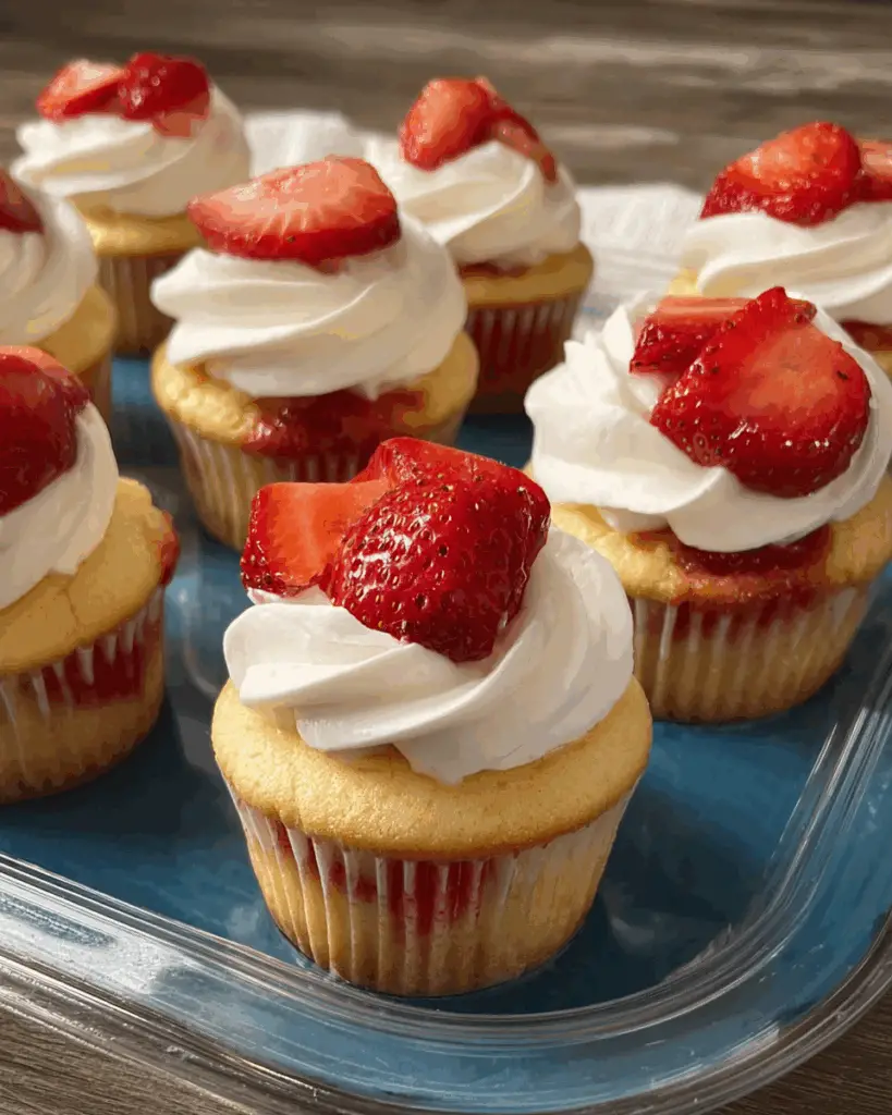 Fluffy Strawberry Shortcake Cupcakes with Creamy Topping