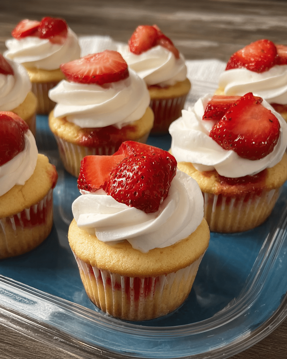 Fluffy Strawberry Shortcake Cupcakes with Creamy Topping
