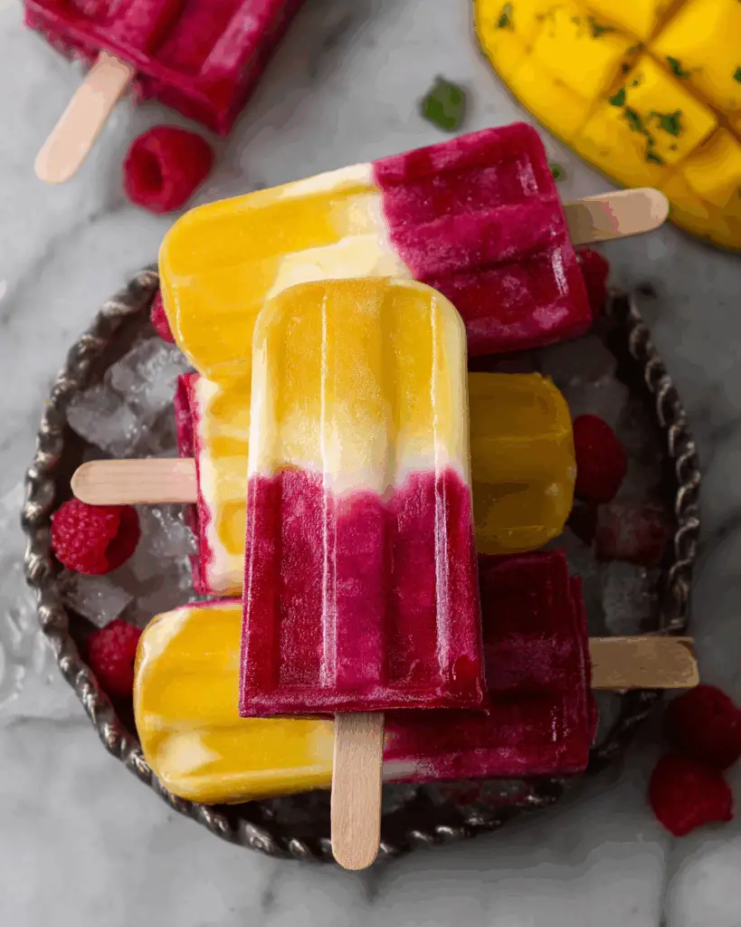 Tropical Mango Raspberry Swirl Popsicles