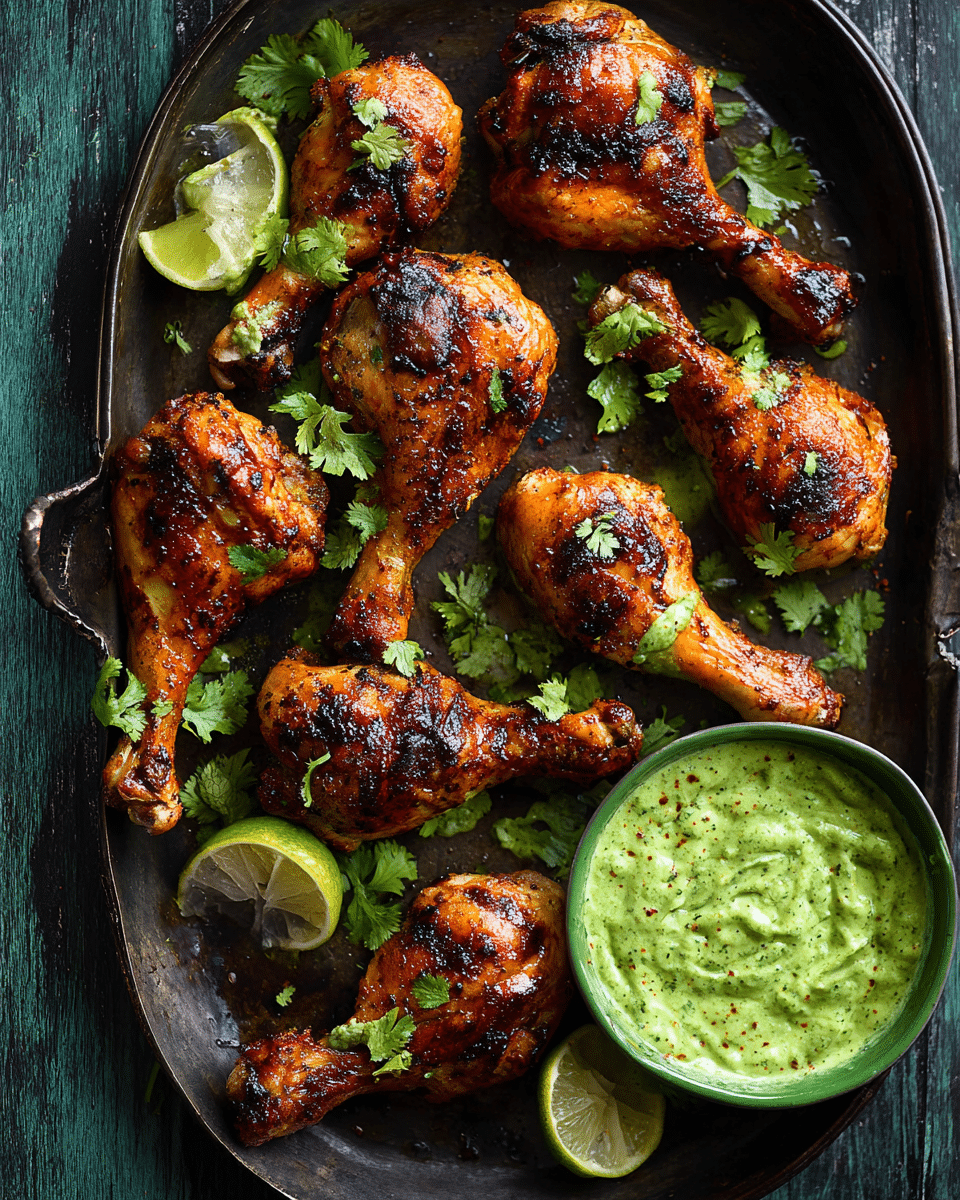 Flame-Kissed Peruvian Drumsticks with Zesty Cilantro-Jalapeño Sauce