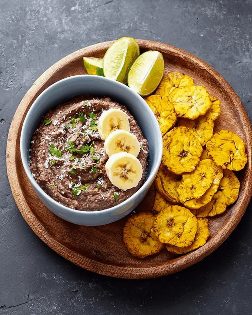 Creamy Cuban Black Bean Dip Served with Crispy Plantain Chips
