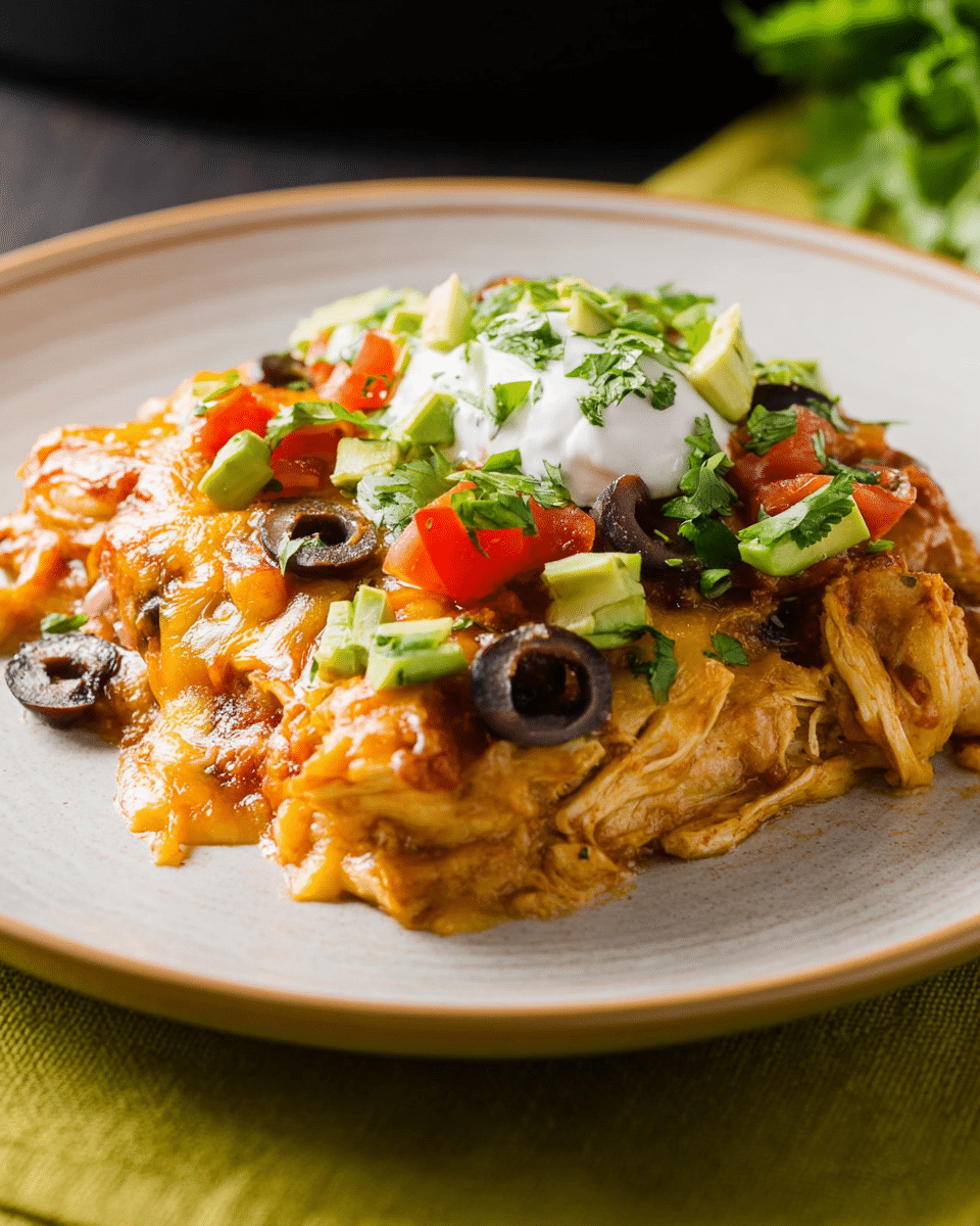 Hearty Slow Cooker Enchilada Bake with Tender Chicken and Melted Cheese