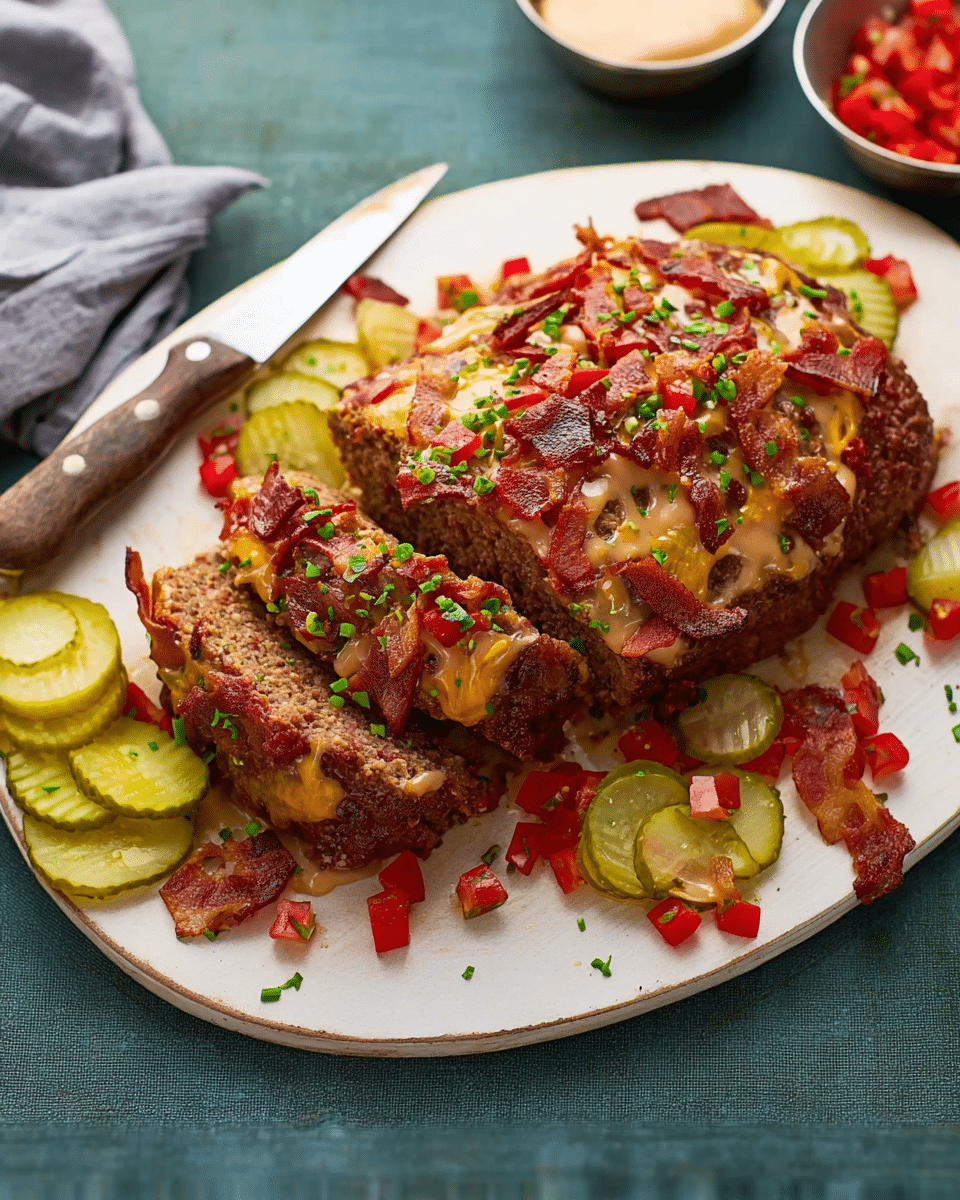 Juicy Bacon Cheeseburger Meatloaf with Cheddar & Pickle Drizzle