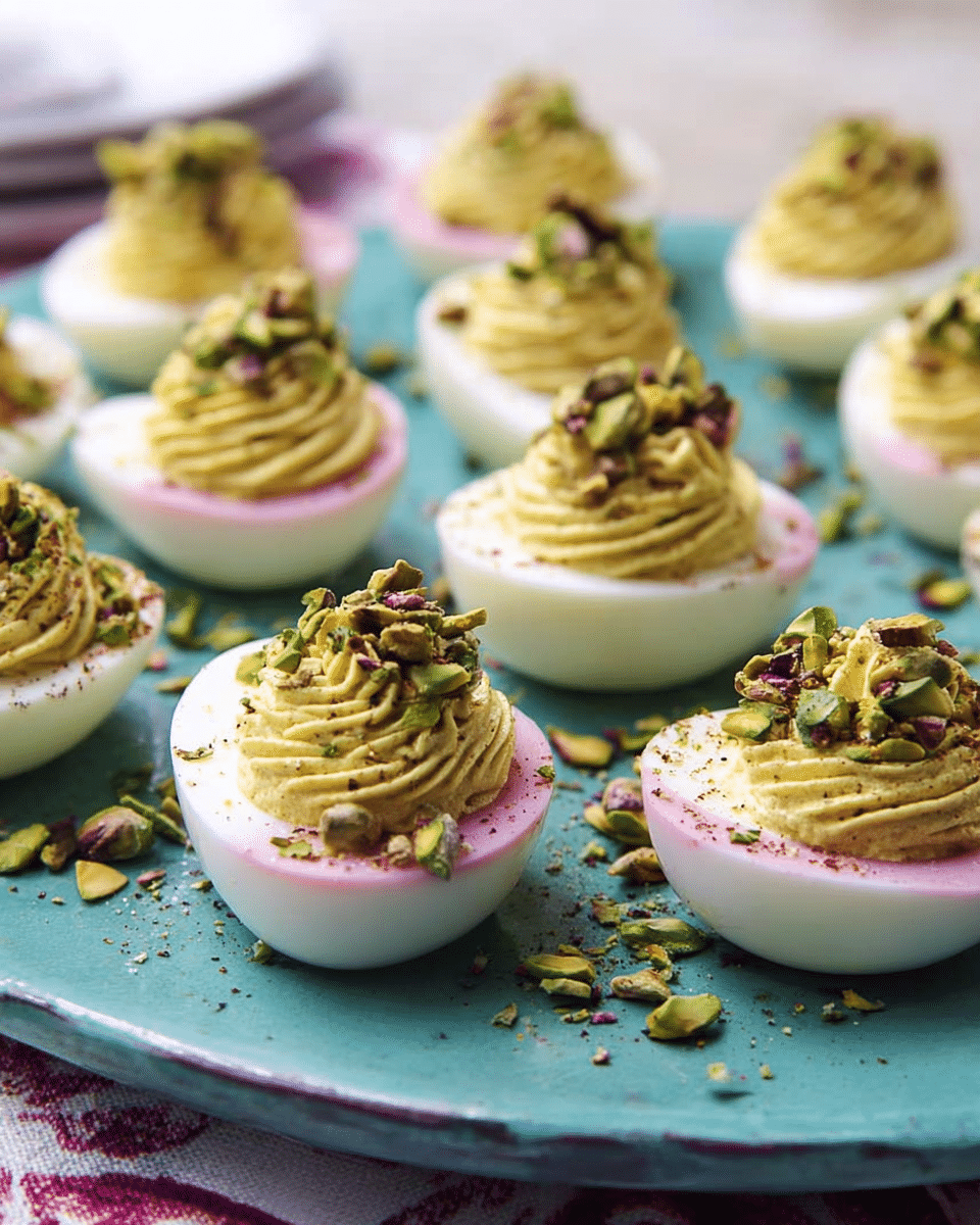 Elegant Deviled Eggs with Mortadella-Ricotta Mousse and Pistachio Crumble
