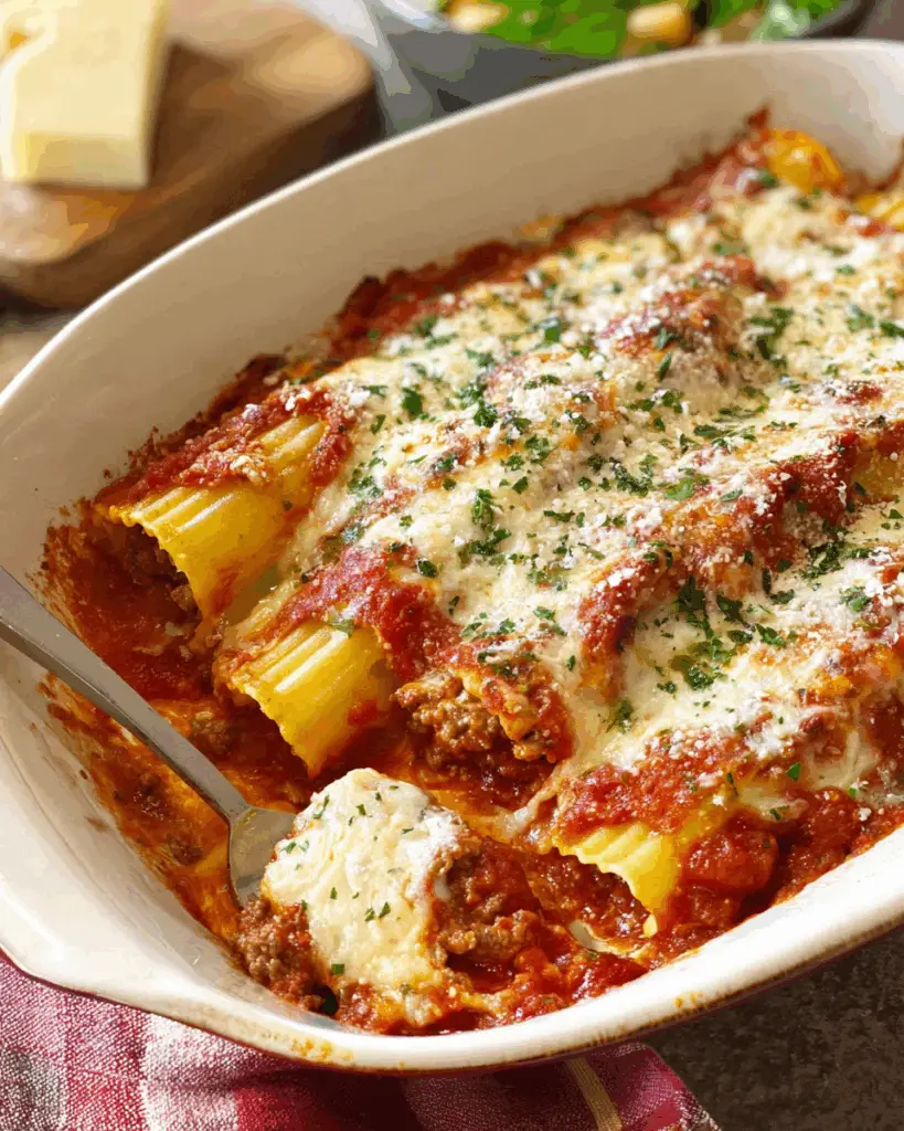 Classic Baked Manicotti with Ground Beef and Three Cheeses