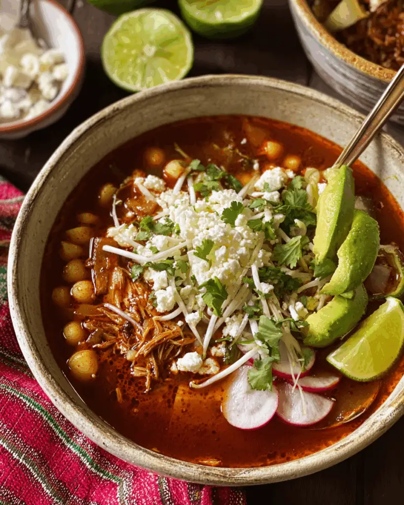 Traditional Mexican Pozole Rojo with Guajillo and Ancho Chiles