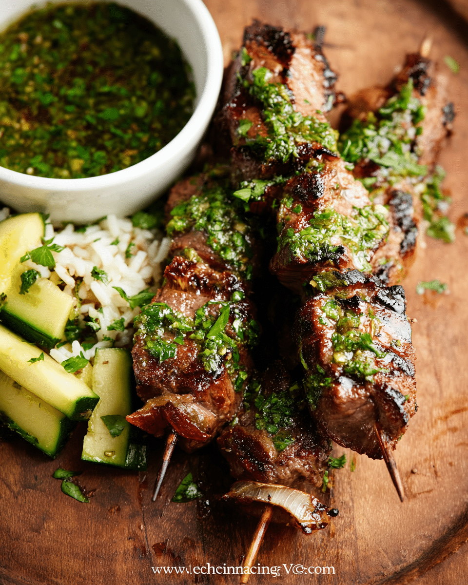 Juicy Argentinian Beef Kabobs Drizzled with Fresh Chimichurri