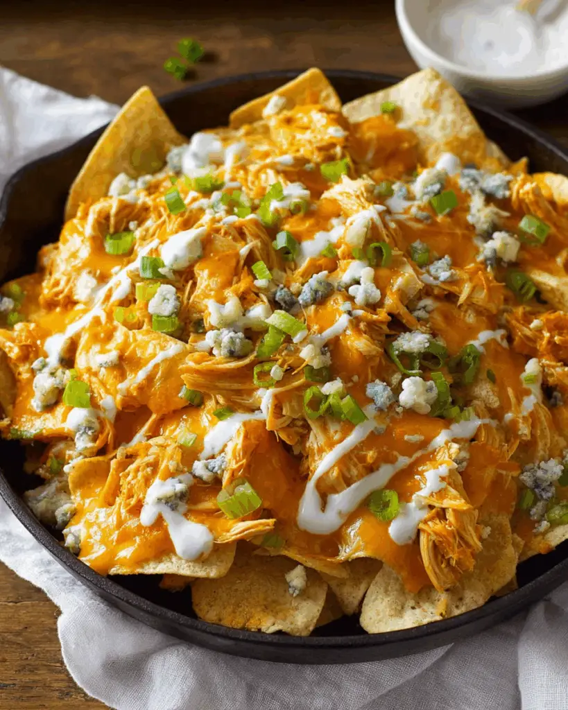 Skillet-Baked Buffalo Chicken Nachos with Ranch and Blue Cheese