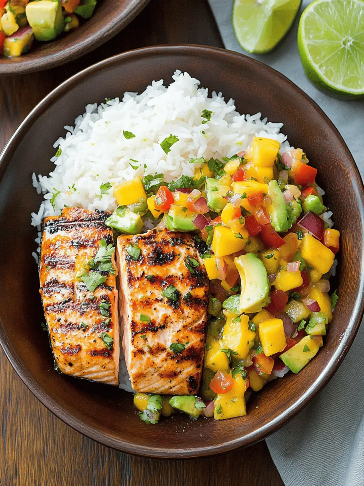 Grilled Lime Salmon with Avocado-Mango Salsa and Coconut Rice