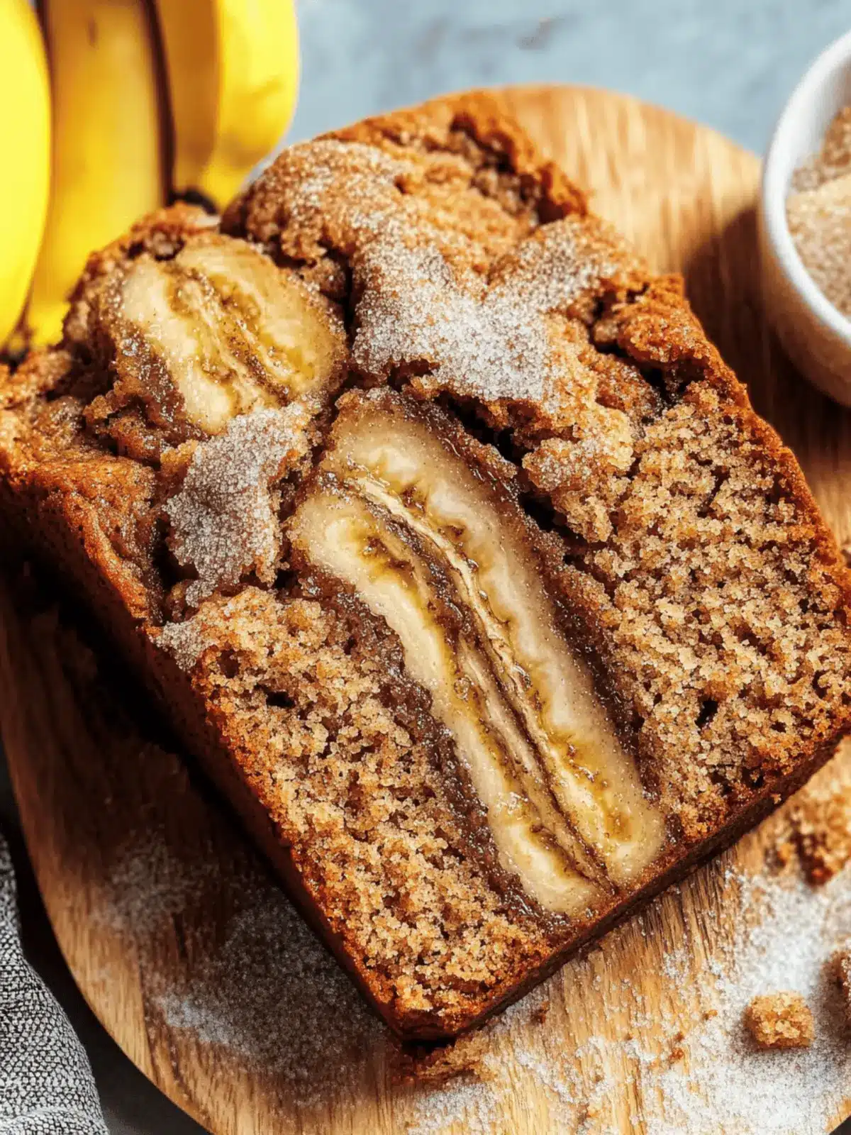 Moist Cinnamon Swirl Banana Bread with Crispy Sugar Crust