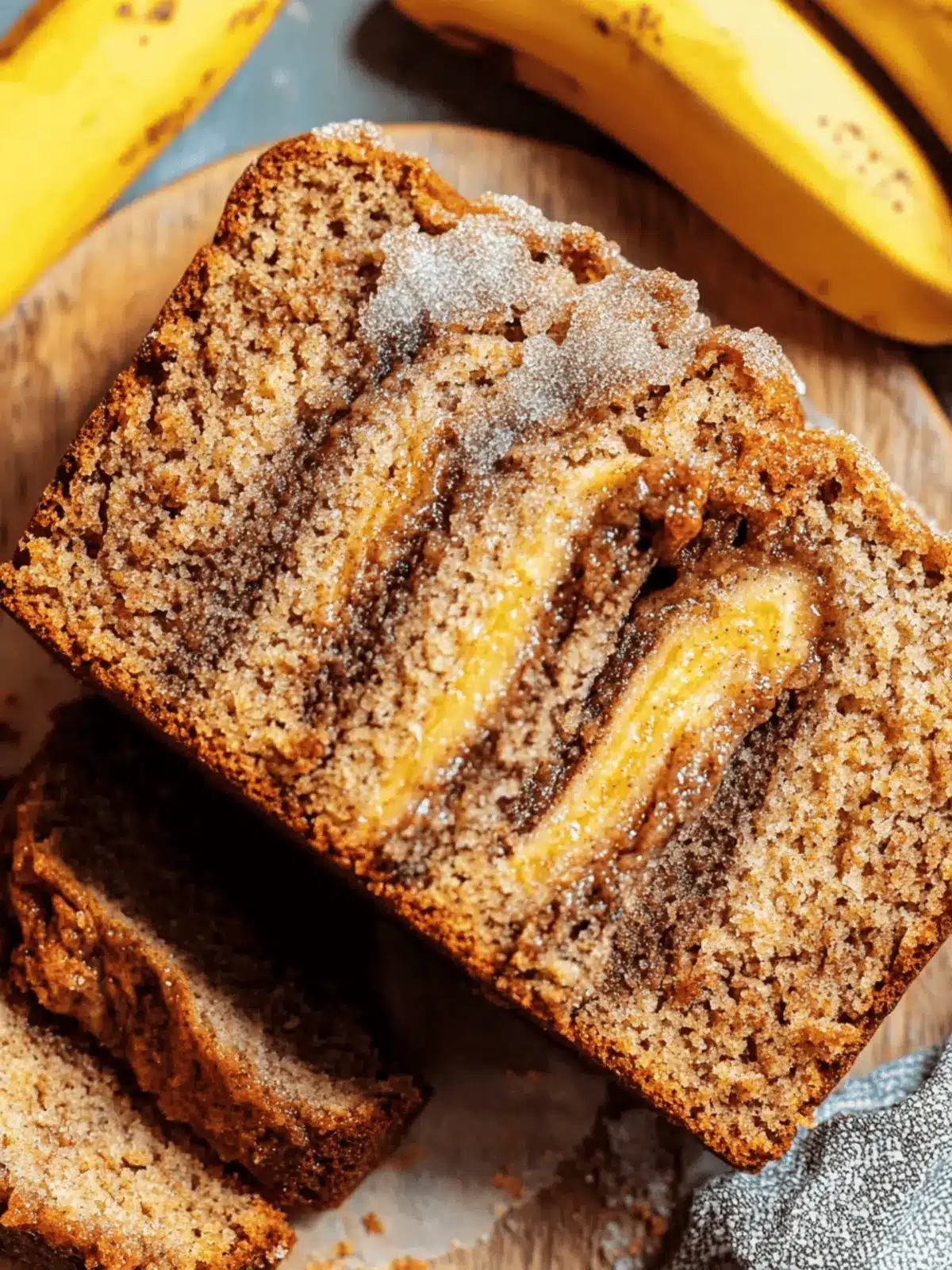 Moist Cinnamon Swirl Banana Bread with Crispy Sugar Crust