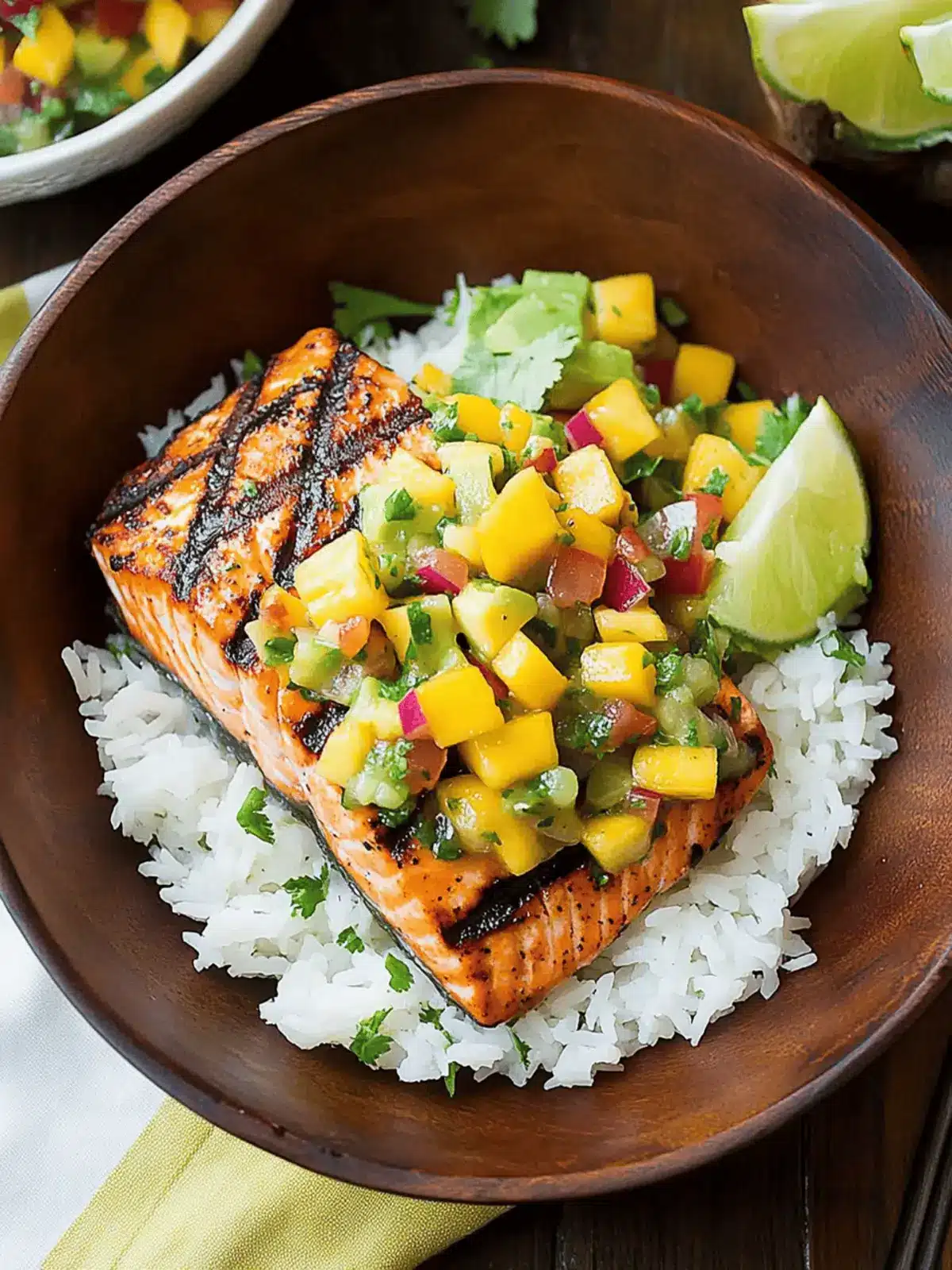 Grilled Lime Salmon with Avocado-Mango Salsa and Coconut Rice
