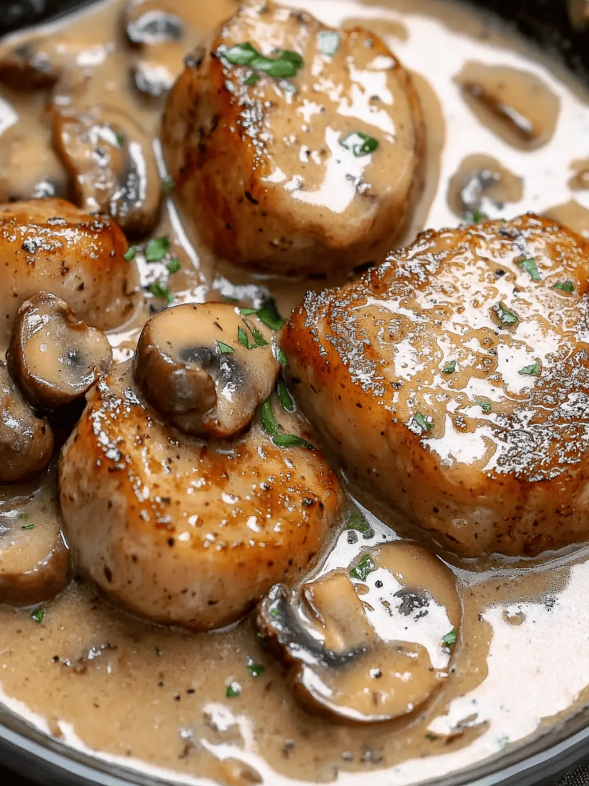 Juicy Pork Chops Bathed in Creamy Garlic Mushroom Gravy