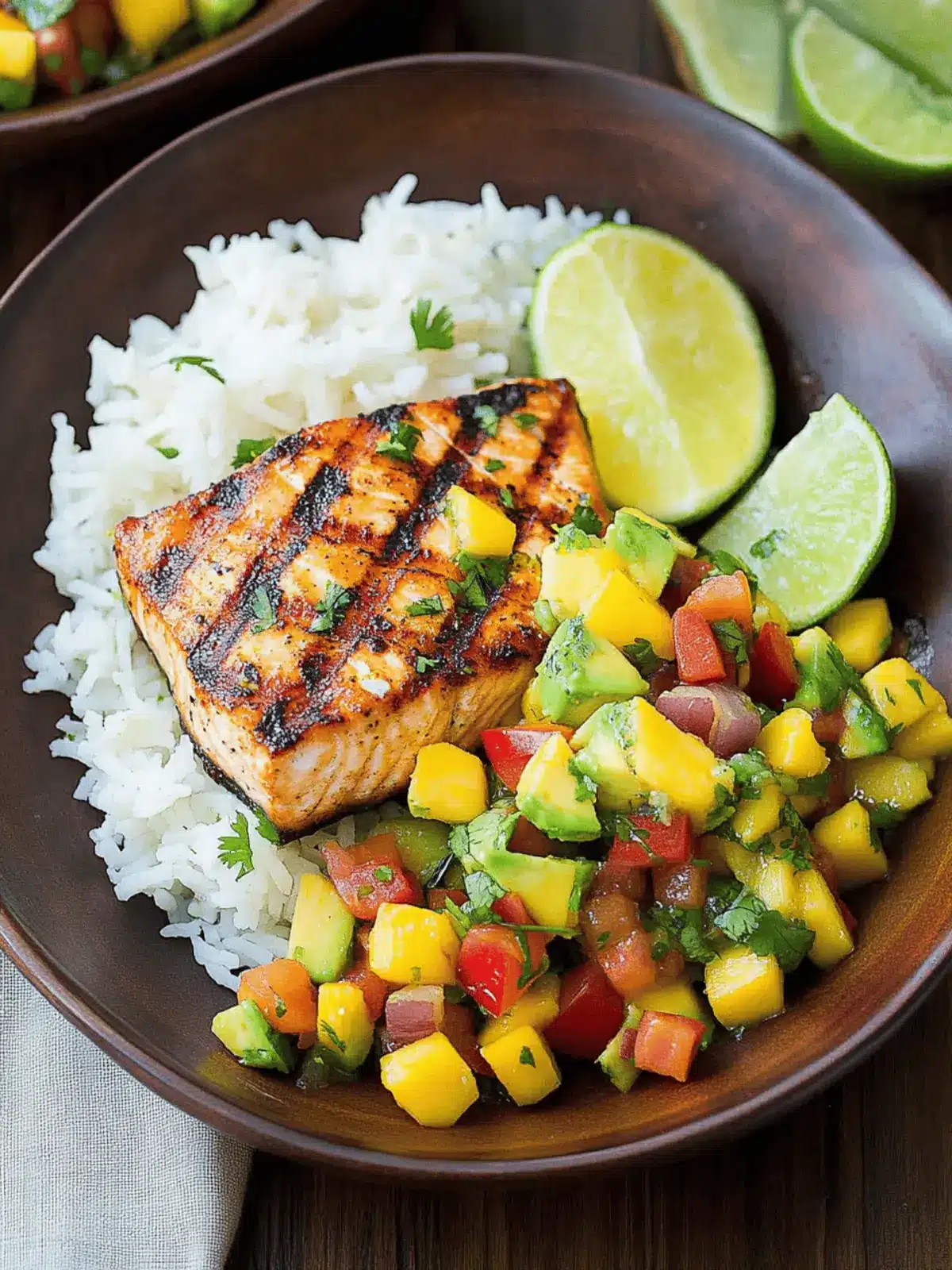 Grilled Lime Salmon with Avocado-Mango Salsa and Coconut Rice