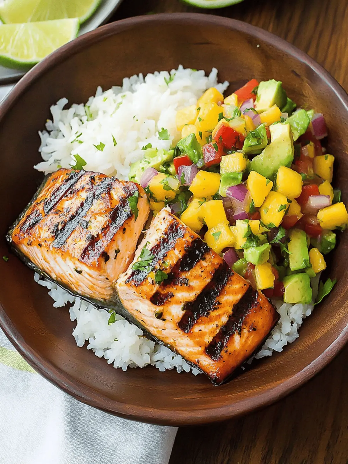 Grilled Lime Salmon with Avocado-Mango Salsa and Coconut Rice