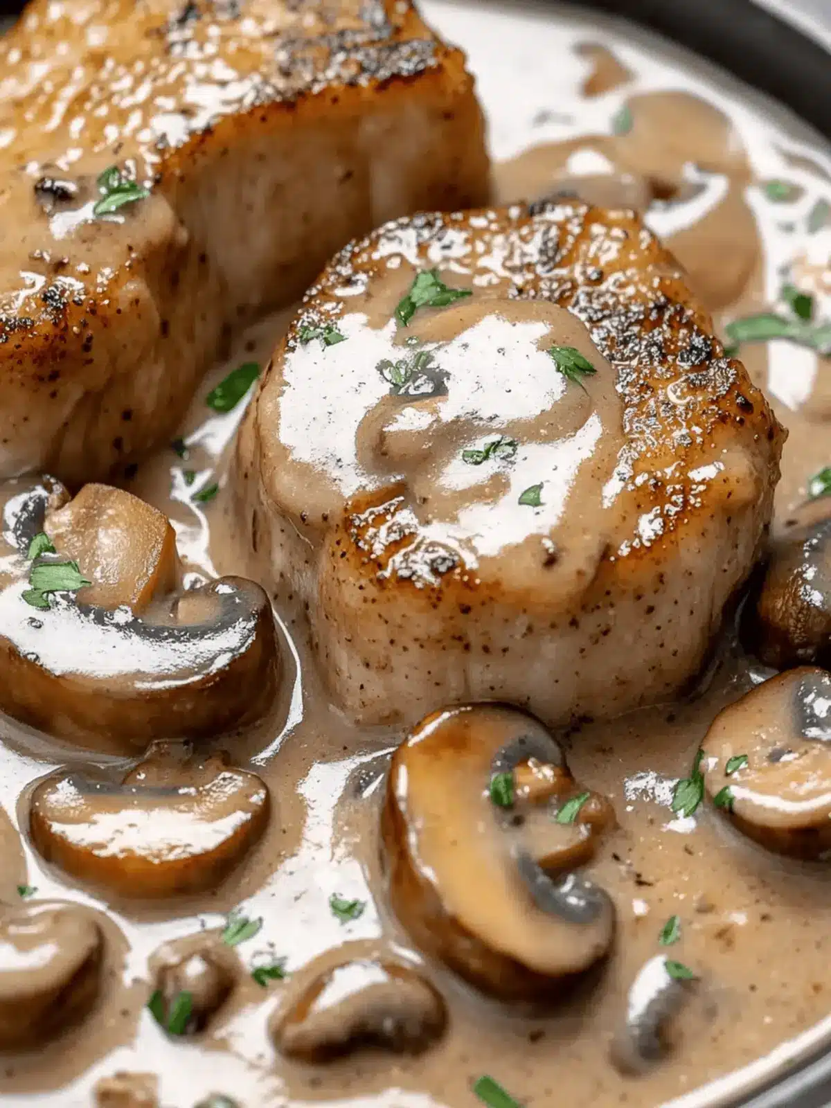 Juicy Pork Chops Bathed in Creamy Garlic Mushroom Gravy