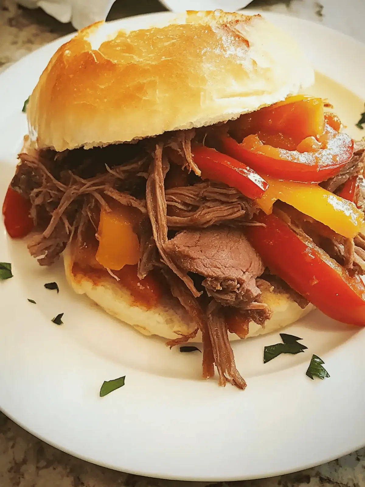 Slow Cooker Italian Chuck Roast with Peppers and Onions